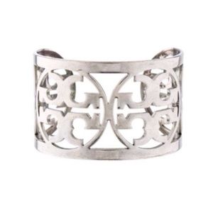 Tory Burch Silver Logo Wide Bangle Cuff Bracelet